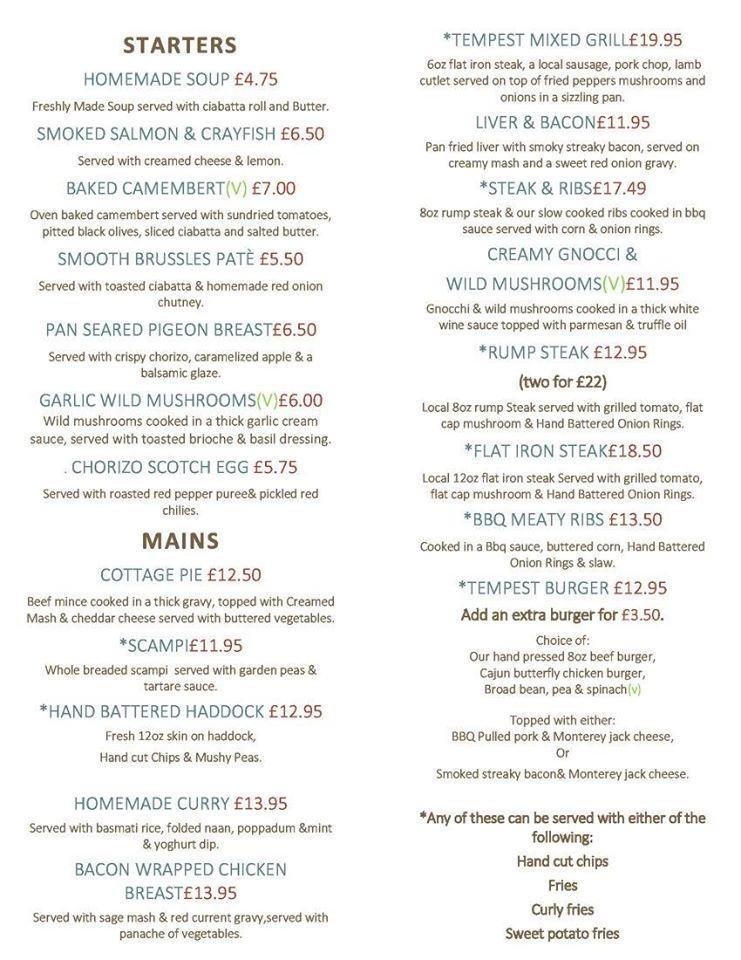 Menu at Tempest Arms pub & bar, Waddington