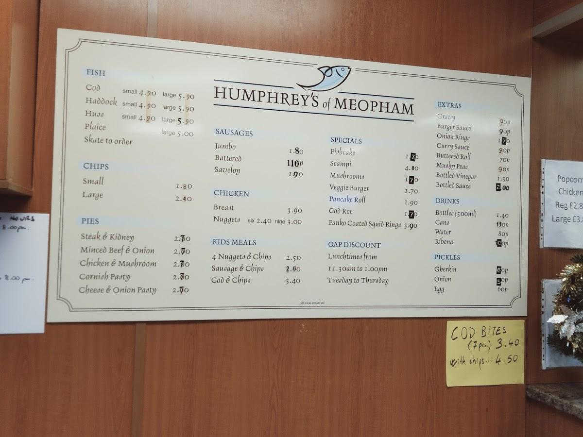 Menu at Humphreys Fish Shop fast food, Gravesend, 3 The Parade