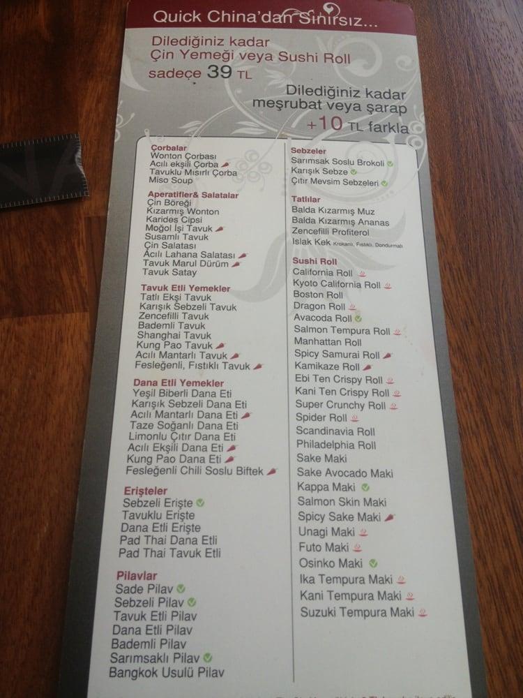 Menu at Quick China, Ankara, Uğur Mumcu Sk. No64/B