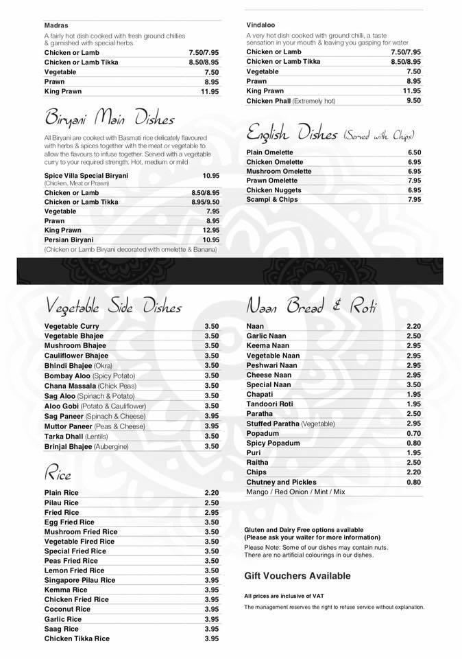 Menu at Spice Villa Indian Restaurant, Chard