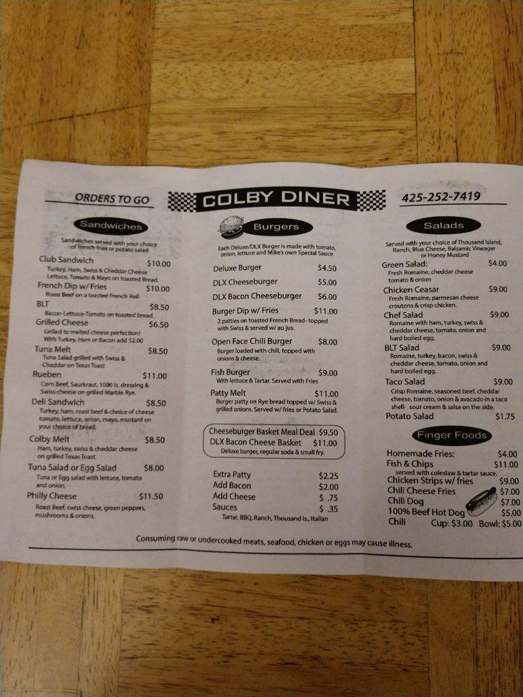 Menu at Colby Diner restaurant, Everett