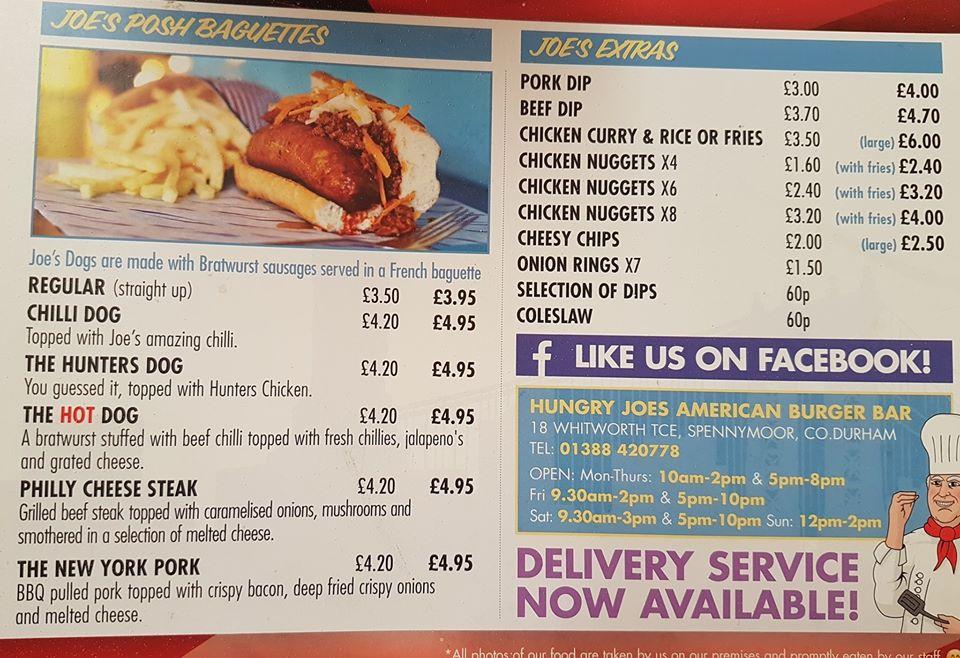 Menu at Hungry Joe's American Diner & Deli restaurant, Spennymoor