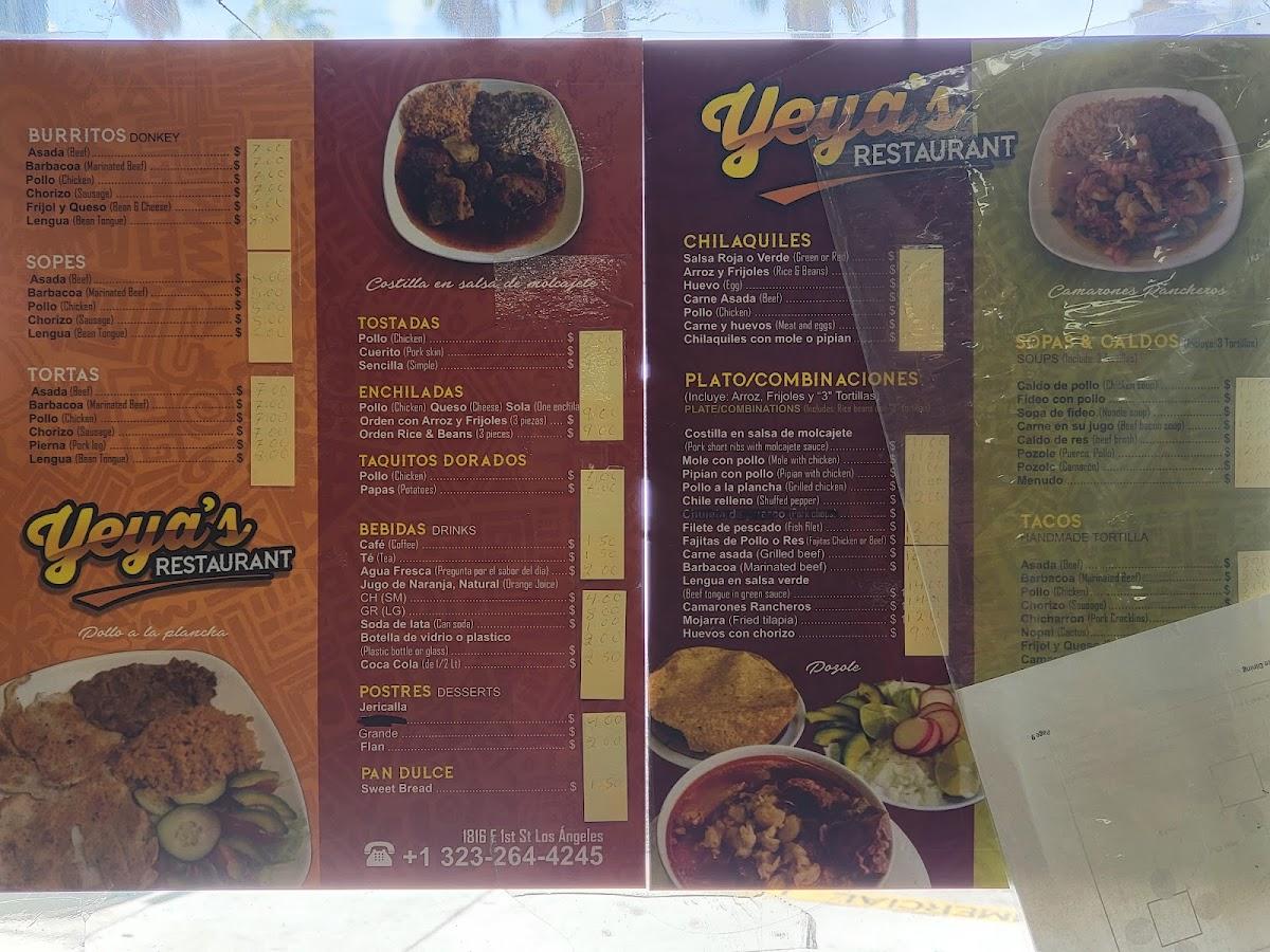 Carta de Yeya's Restaurant, Los Angeles