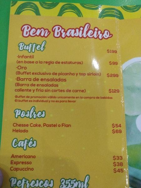 Menu at Bem Brasileiro restaurant, Merida, c23