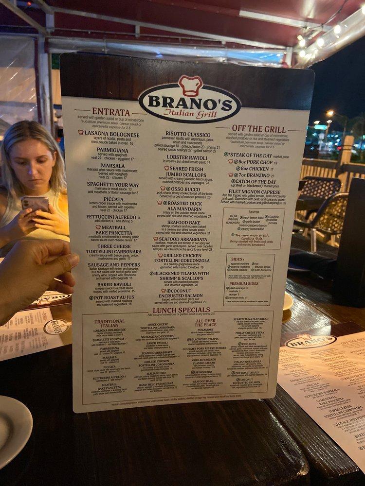 Menu at Branos Italian Grill pizzeria, Cocoa Beach