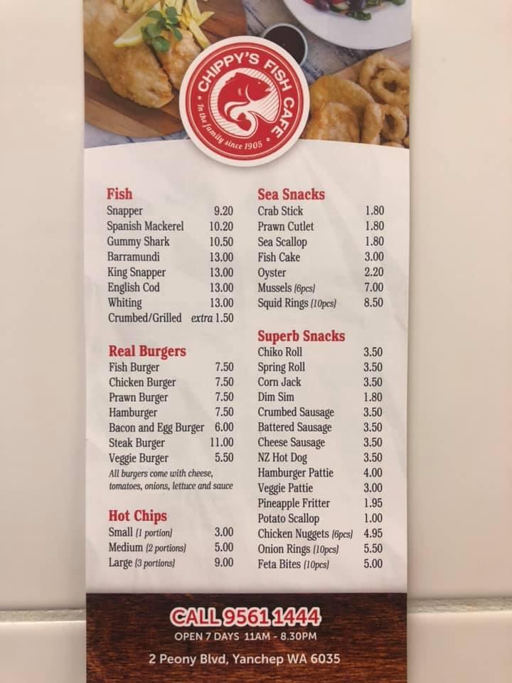 Menu at Chippy's Fish Cafe, Yanchep