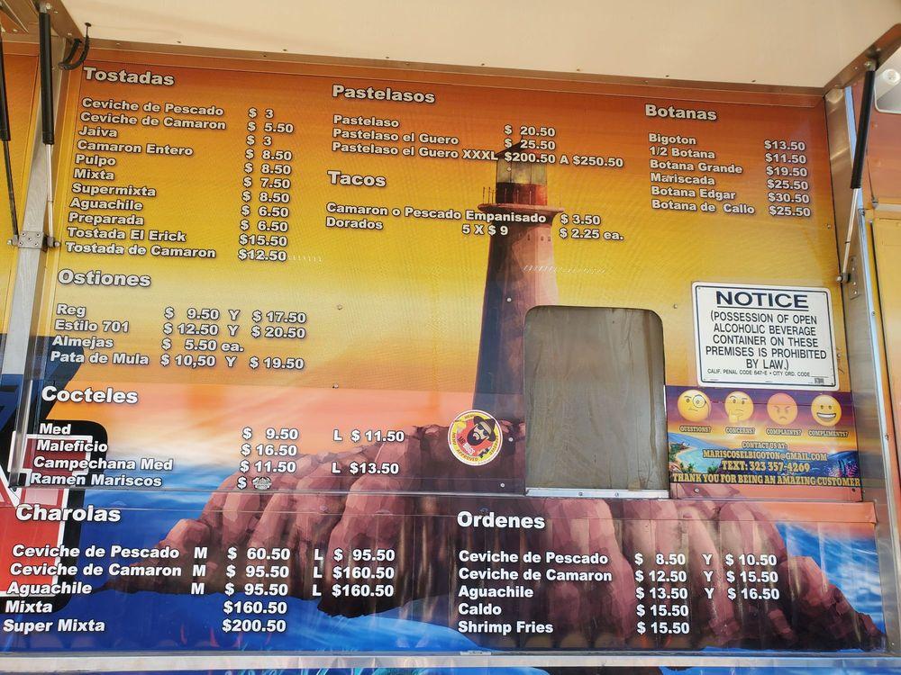 Menu at Mariscos El Bigoton restaurant, Riverside