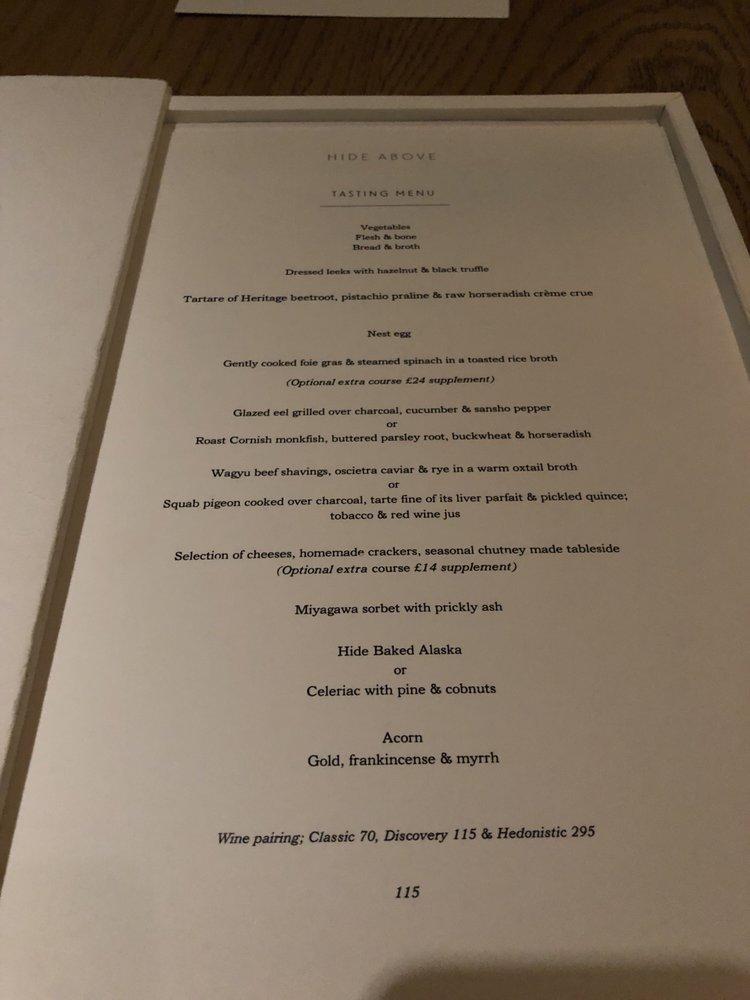 Menu At Hide Pub Bar London Piccadilly