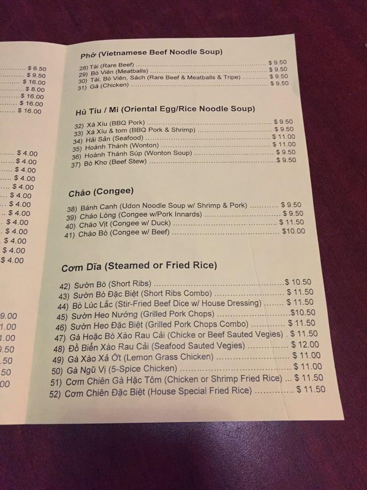 Menu at Billiard Hoang restaurant, Seattle