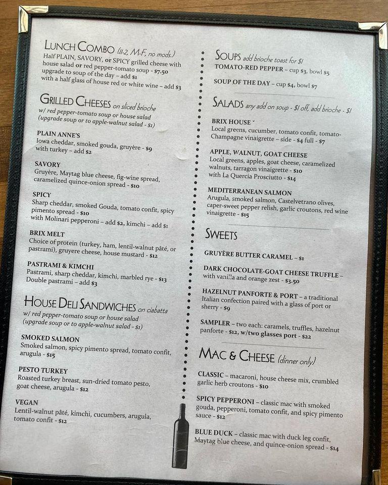 Menu at Brix Cheese Shop & Wine Bar, Iowa City