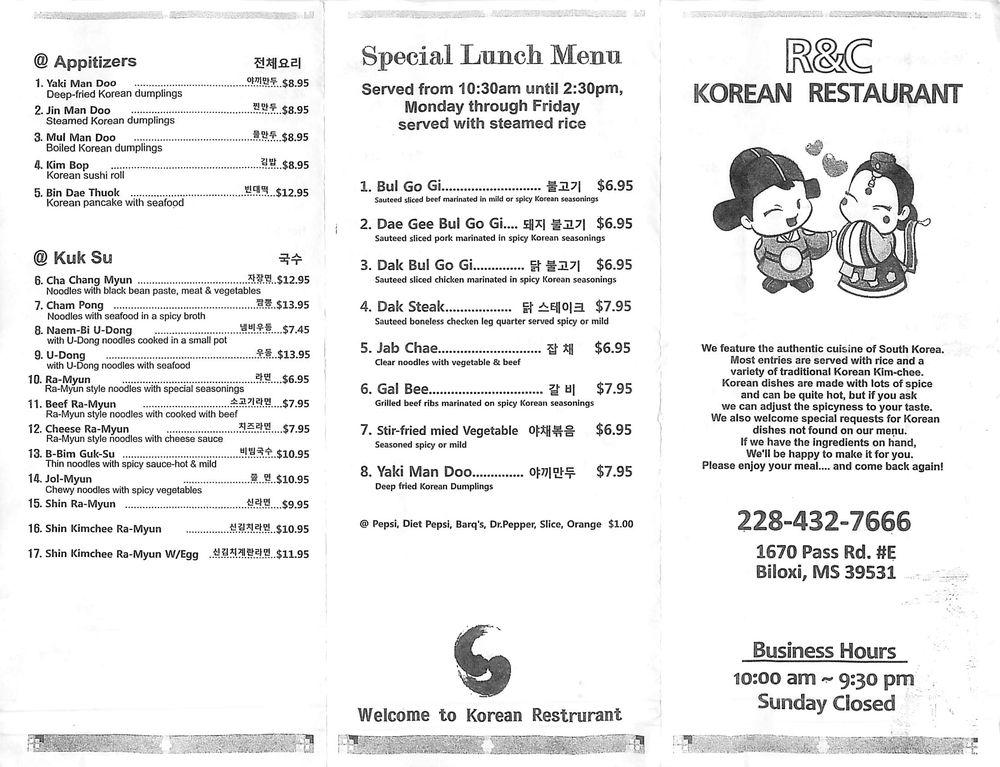 Menu at R&C Korean Restaurant, Biloxi