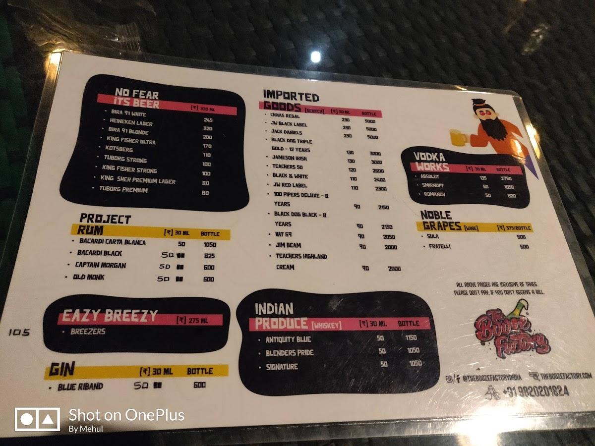 Menu at THE BOOZE FACTORY, Jaipur, VQV9+X2Q