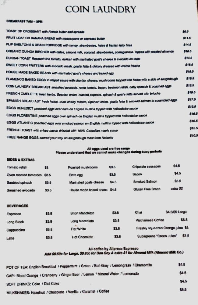 Menu at Coin Laundry Cafe, Armadale