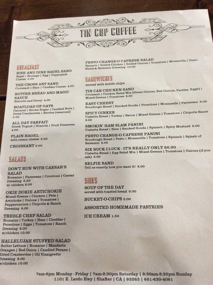 Menu at Tin Cup Coffee cafe, Shafter