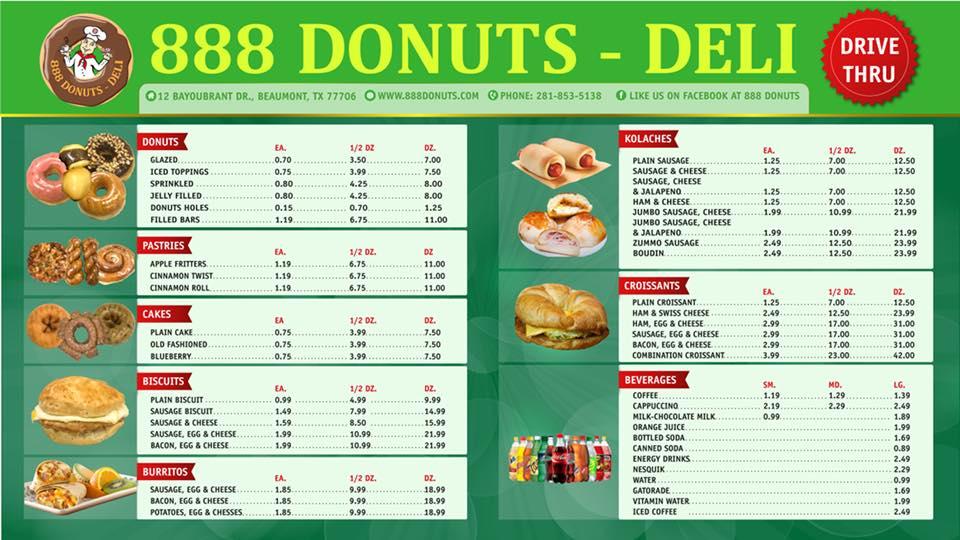 Menu at 888 Donuts restaurant Beaumont