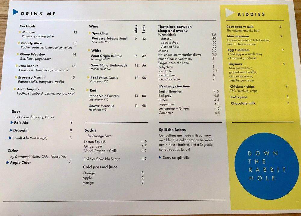 Menu at Down The Rabbit Hole Cafe, Templestowe