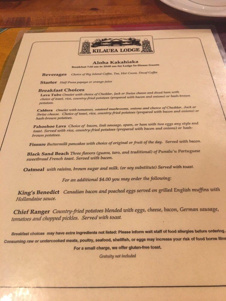 Menu at Kilauea Lodge and Restaurant, Volcano