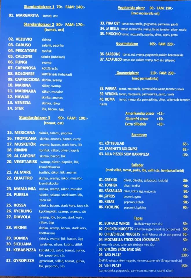Menu at Pizzeria Amalfi, Sweden