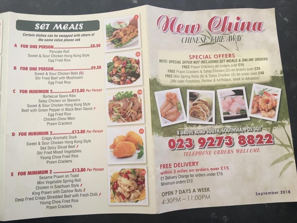 Menu at New China Portsmouth fast food, Portsmouth