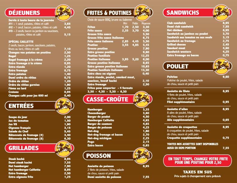 Menu de Restaurant La Caillette