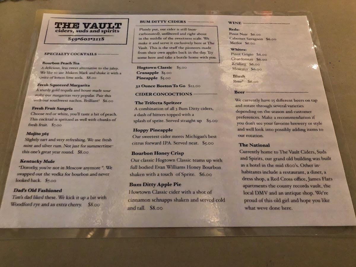 Menu at The Vault Ciders, Suds and Spirits pub & bar, Harrodsburg