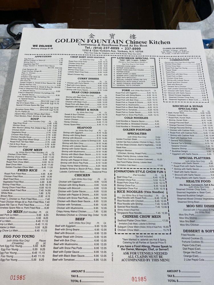 Menu at New Golden Fountain restaurant, Yonkers, Yonkers Ave