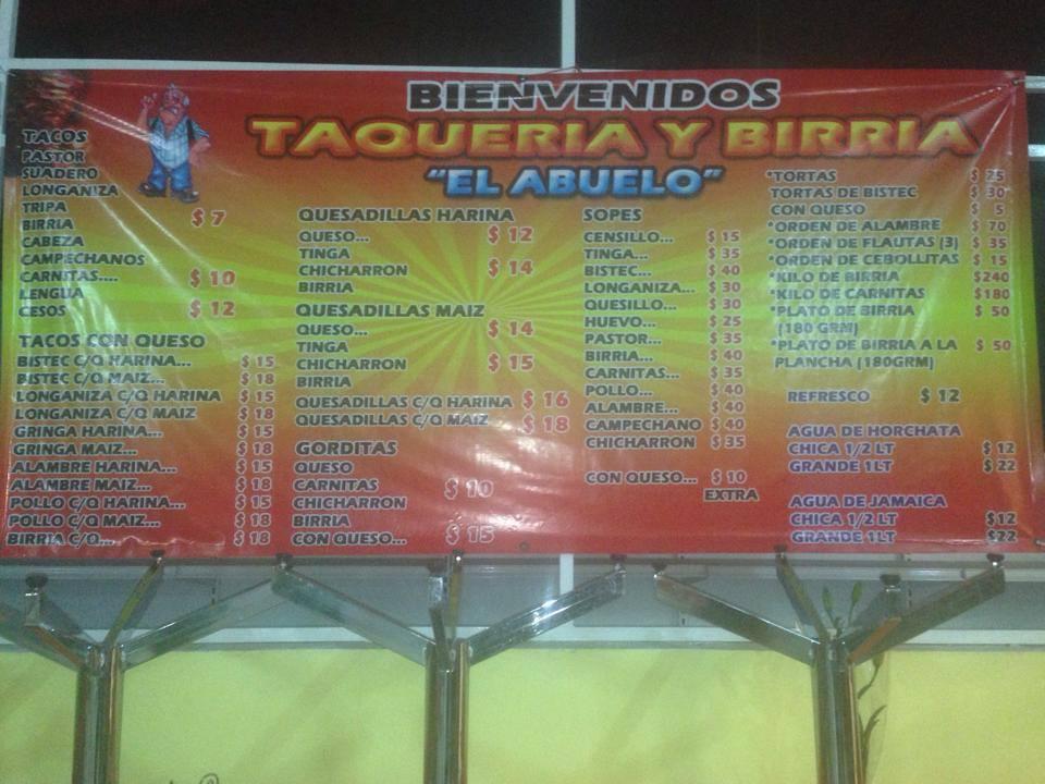 Menu at Taqueria Y Birria El Abuelo restaurant Ciudad Nezahualcóyotl