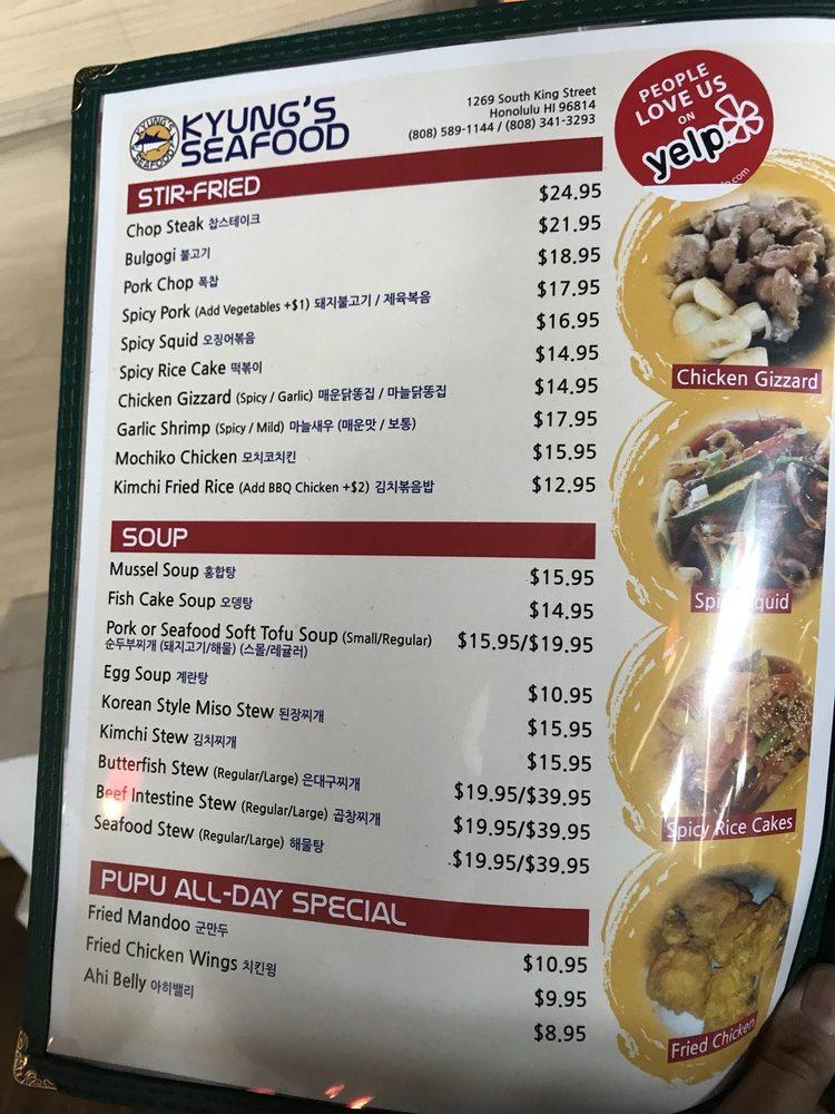 Menu at Kyung's Seafood restaurant, Honolulu
