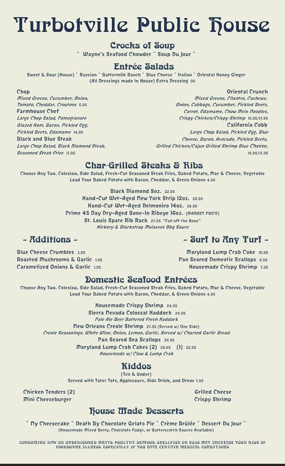 Menu at Turbotville Public House, Turbotville