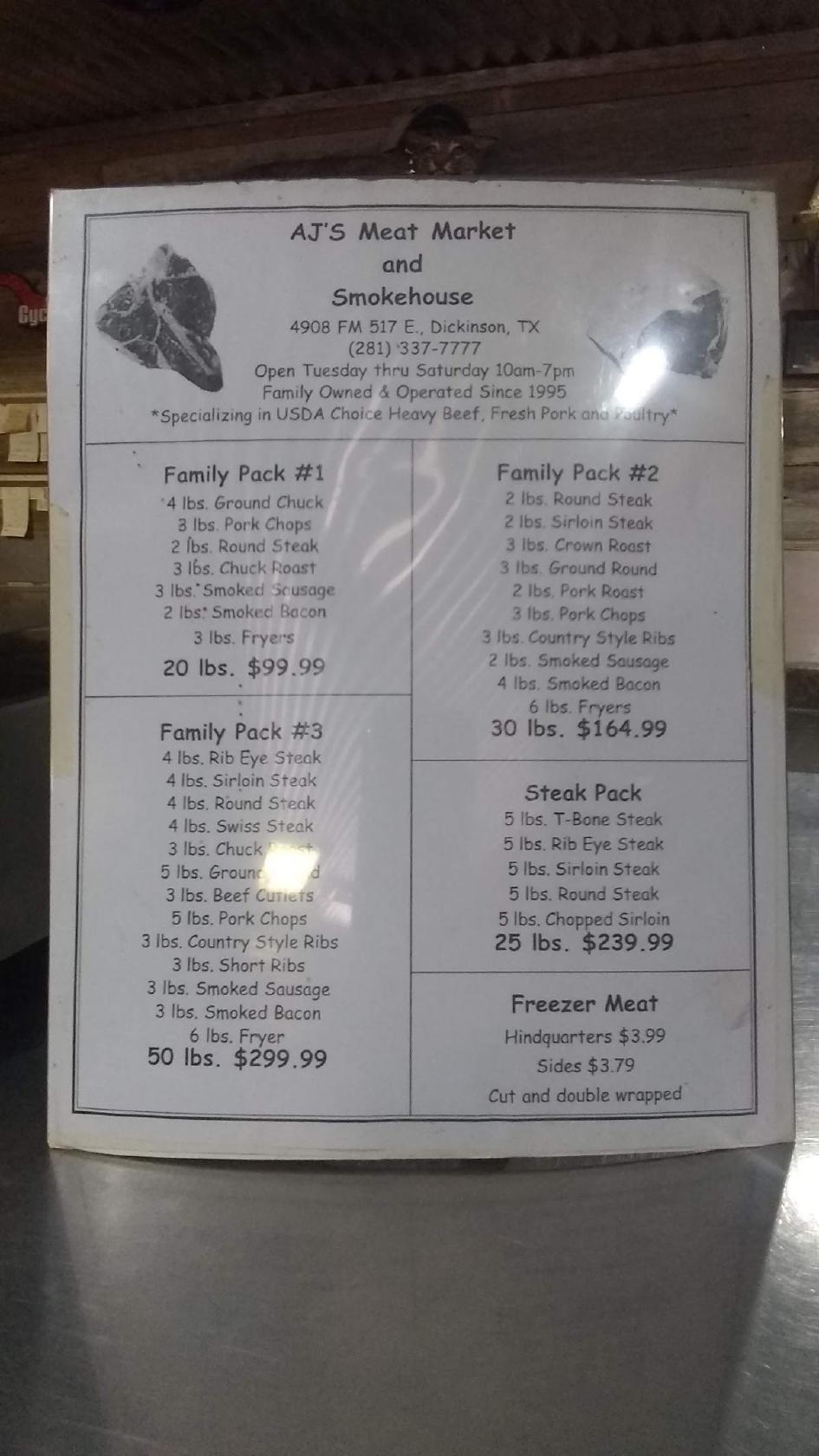 Menu at AJ's Meat Market & Smokehouse restaurant, Dickinson