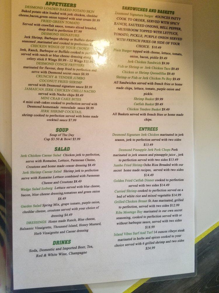 Menu at Desmond’s Taste of Jamaica restaurant, Foley