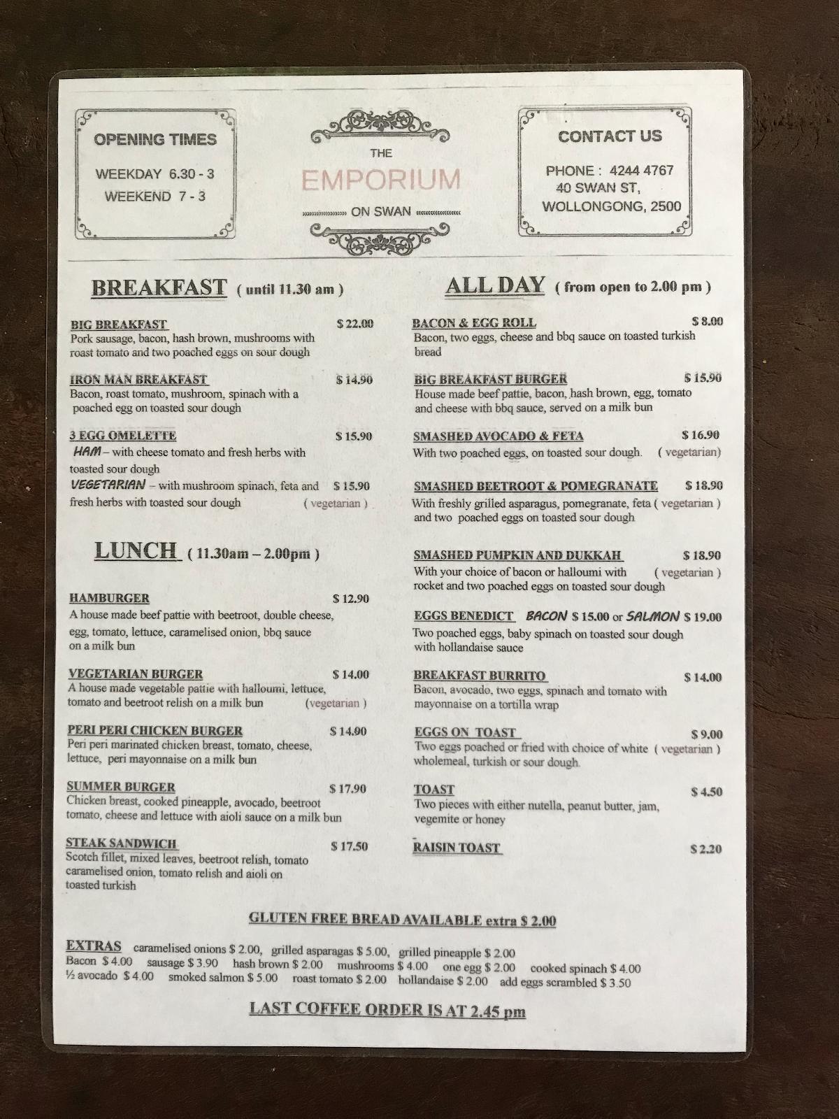 Menu at Emporium On Swan cafe, Wollongong