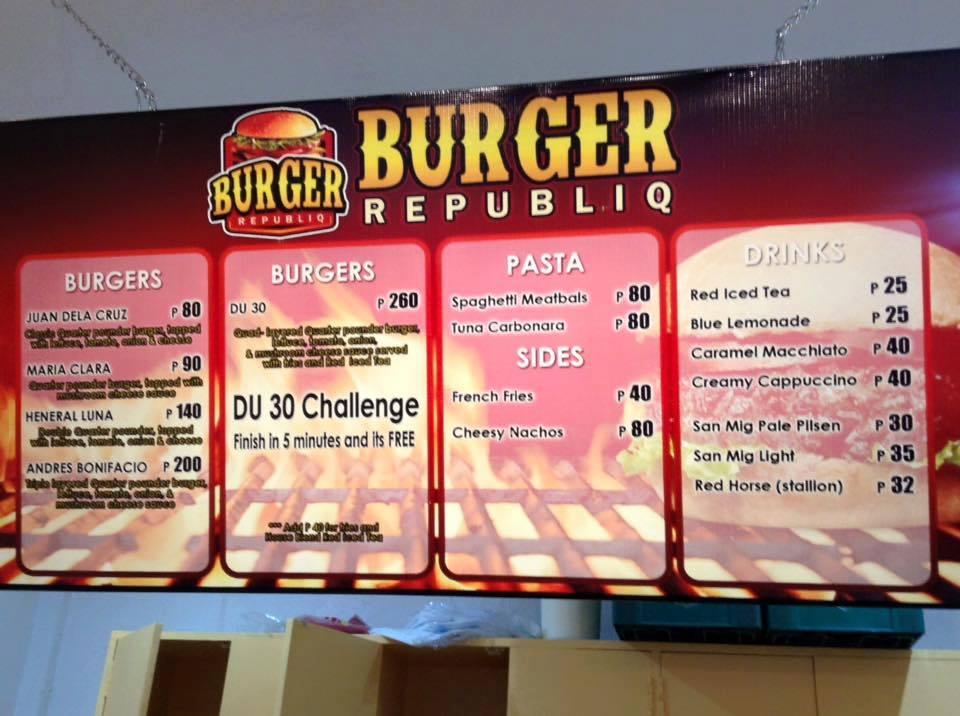 Menu at Burger Republiq, Zamboanga