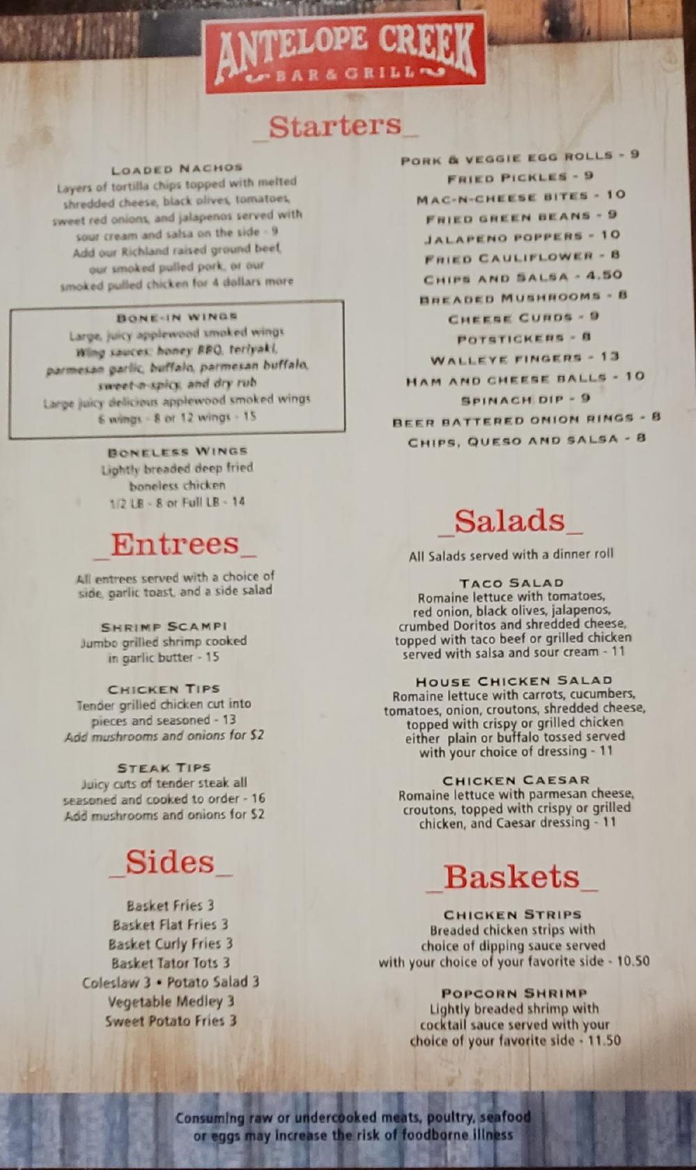 Menu at Antelope Creek Bar & Grill, Mooreton