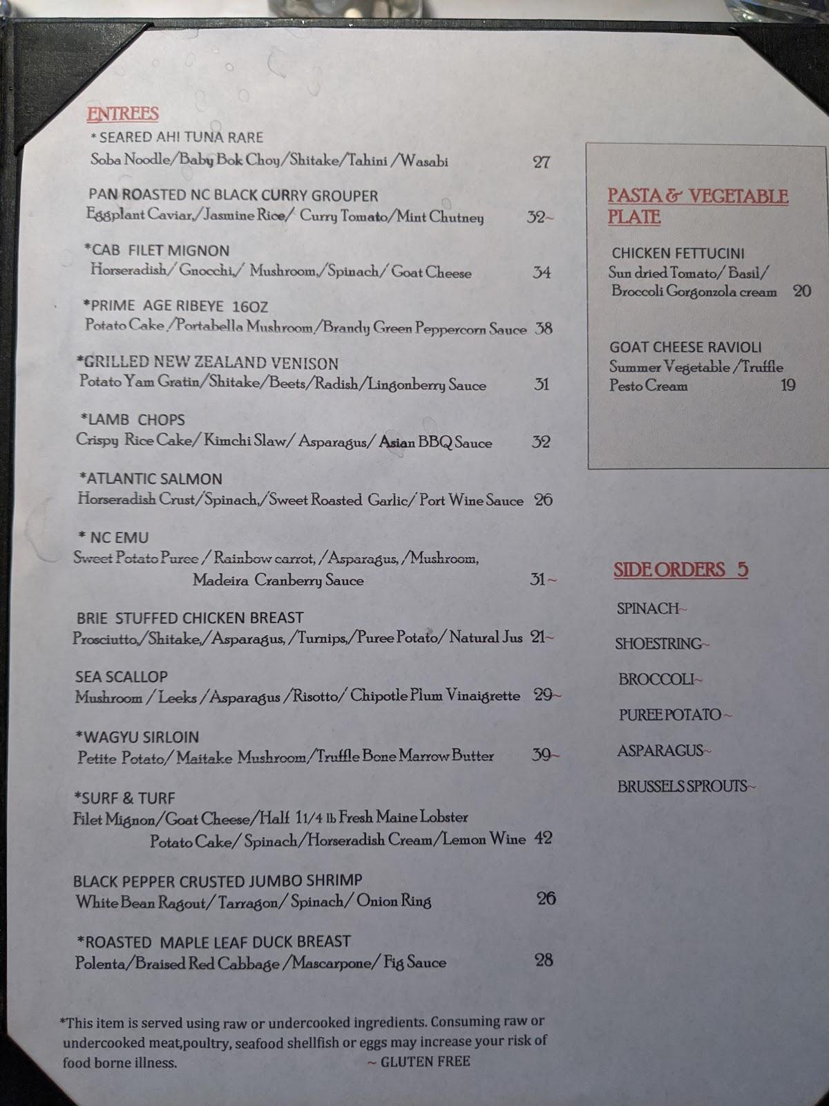 Menu at Bernardin’s Restaurant zevely House, WinstonSalem