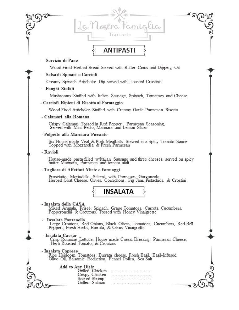 Menu at La Nostra Famiglia Trattoria pub & bar, San Antonio