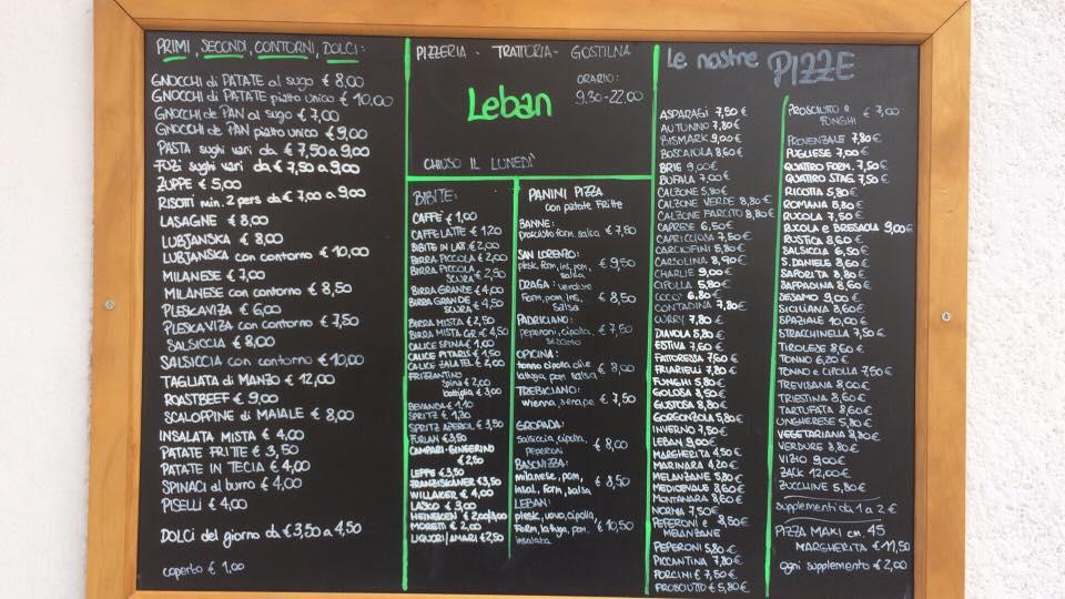 Speisekarte Von Pizzeria Trattoria Leban Trieste Triest
