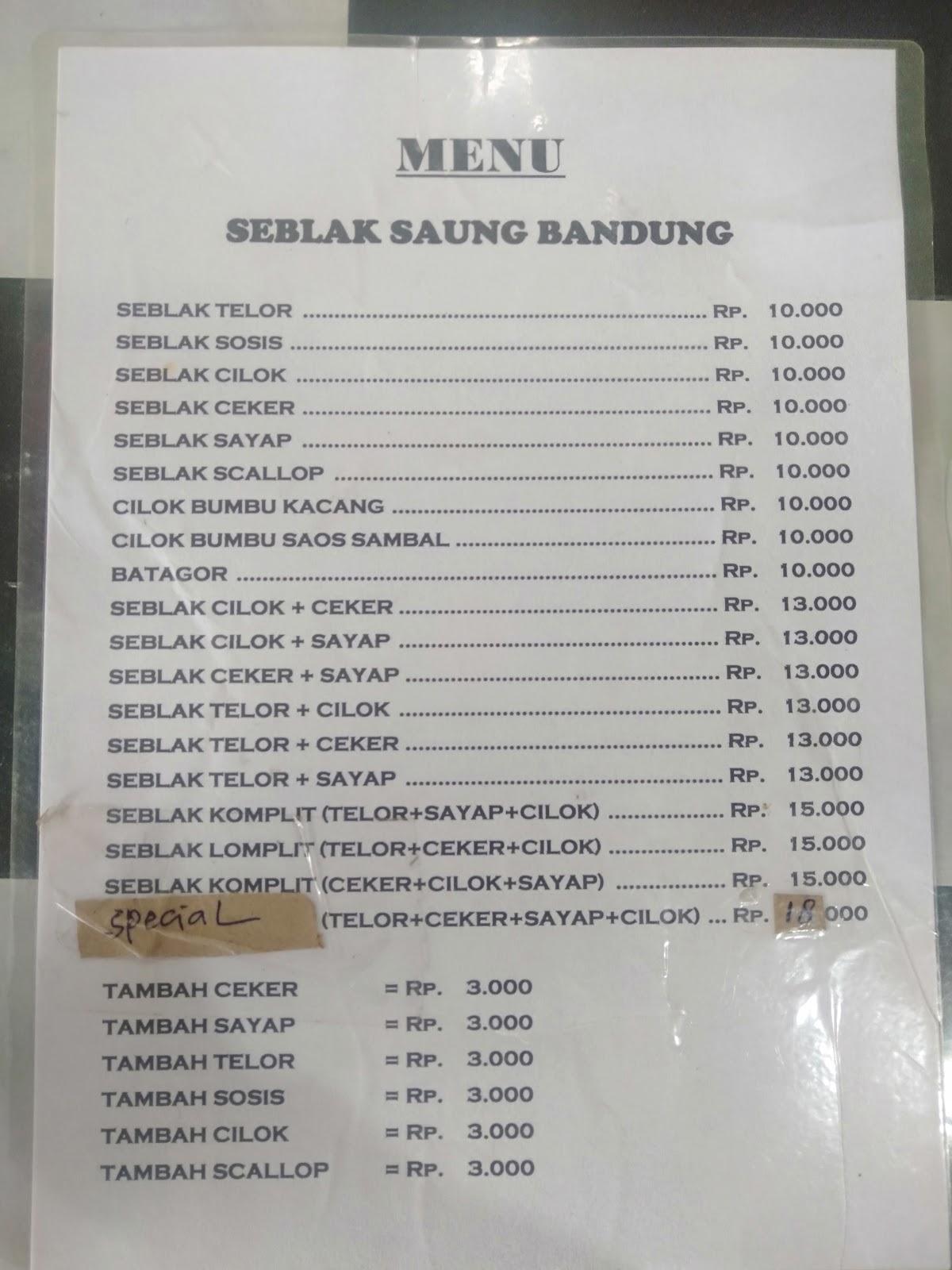 Menu at SAUNG BANDUNG ANEKA SEBLAK restaurant, Banyuwangi