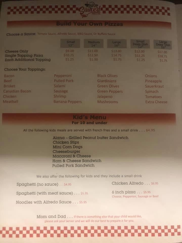 Menu at Sauced Pizza And Pub, Montezuma