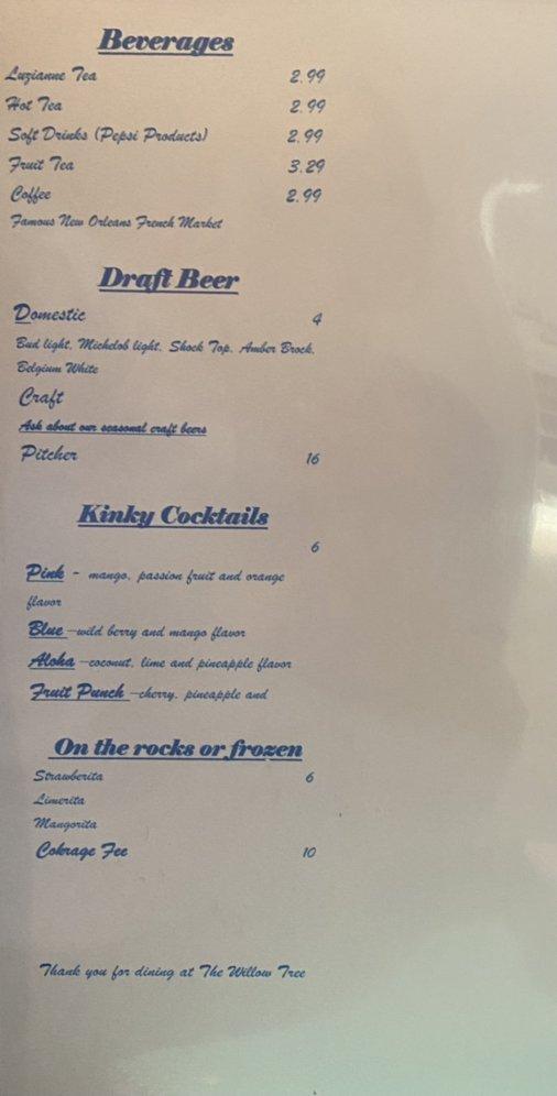 Menu at The Willow Tree steakhouse, Obion