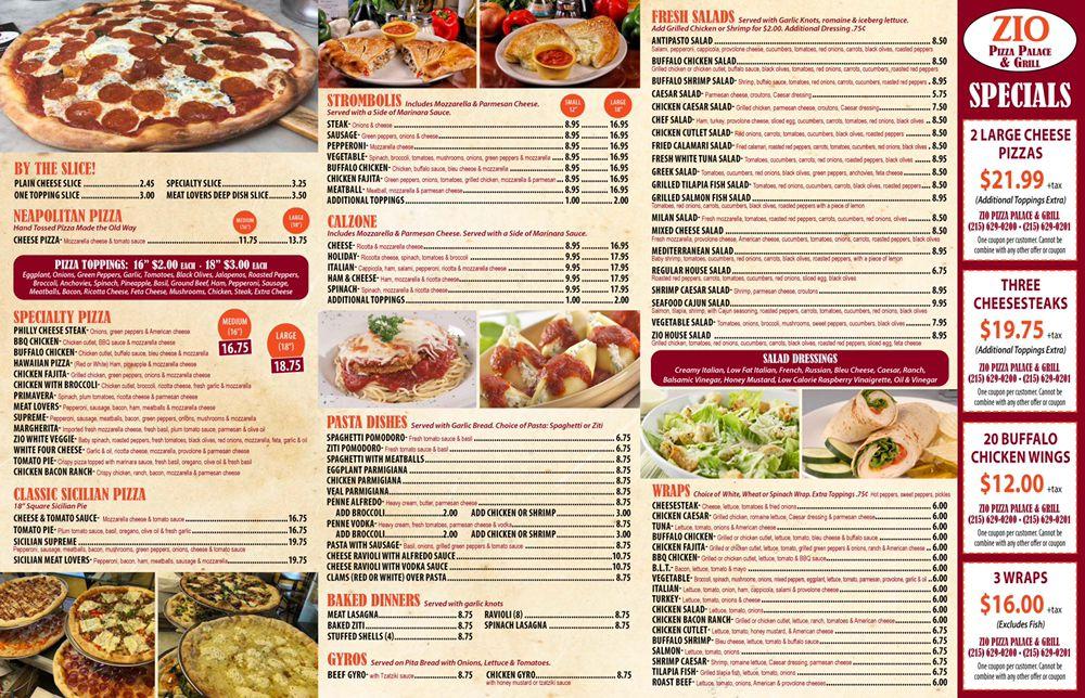 Menu at Zio Pizza Palace & Grill pizzeria, Philadelphia