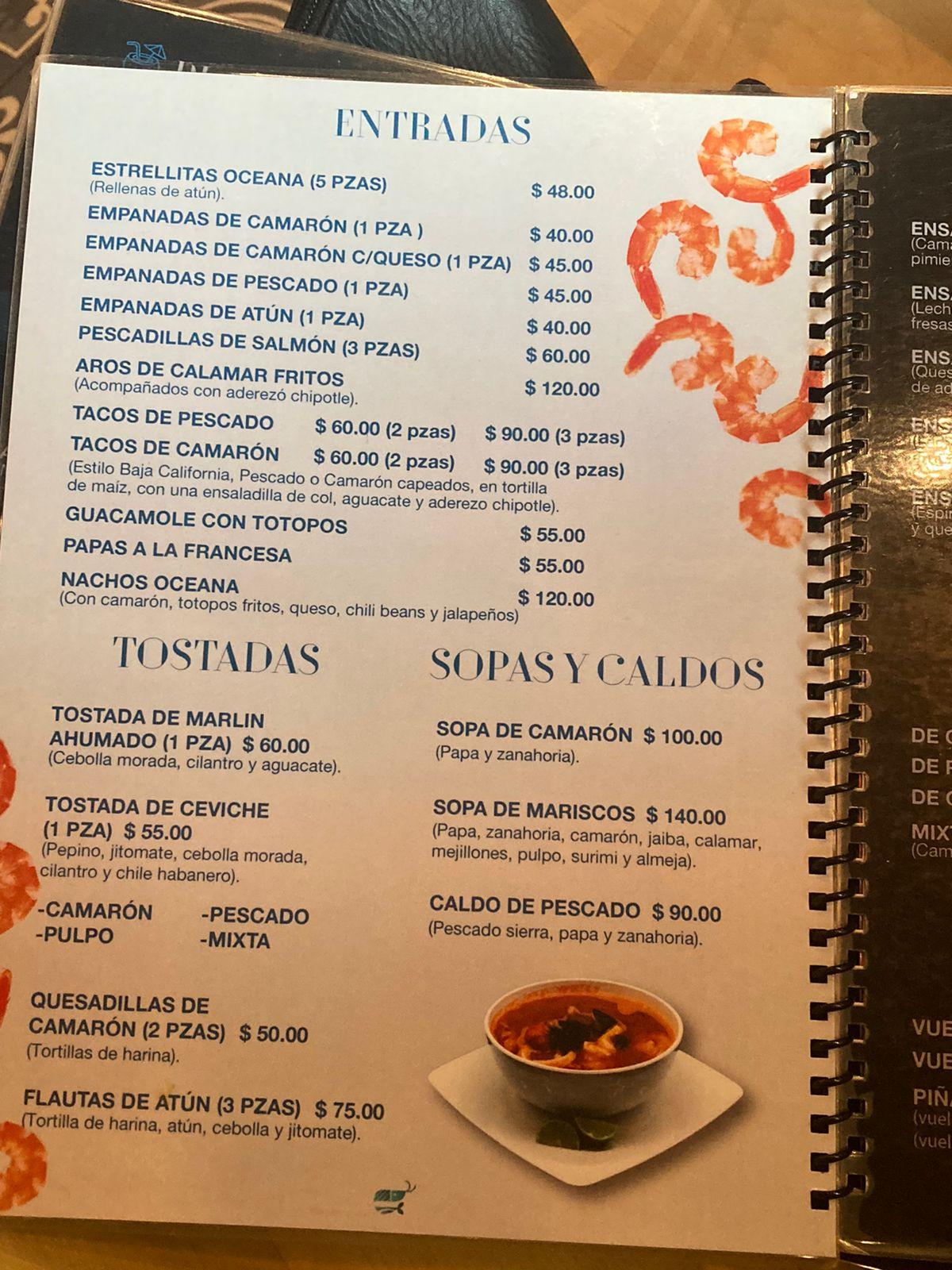 Menu at Oceana restaurant, Atlacomulco