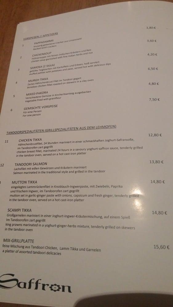Speisekarte von Saffron Heidelberg restaurant, Heidelberg