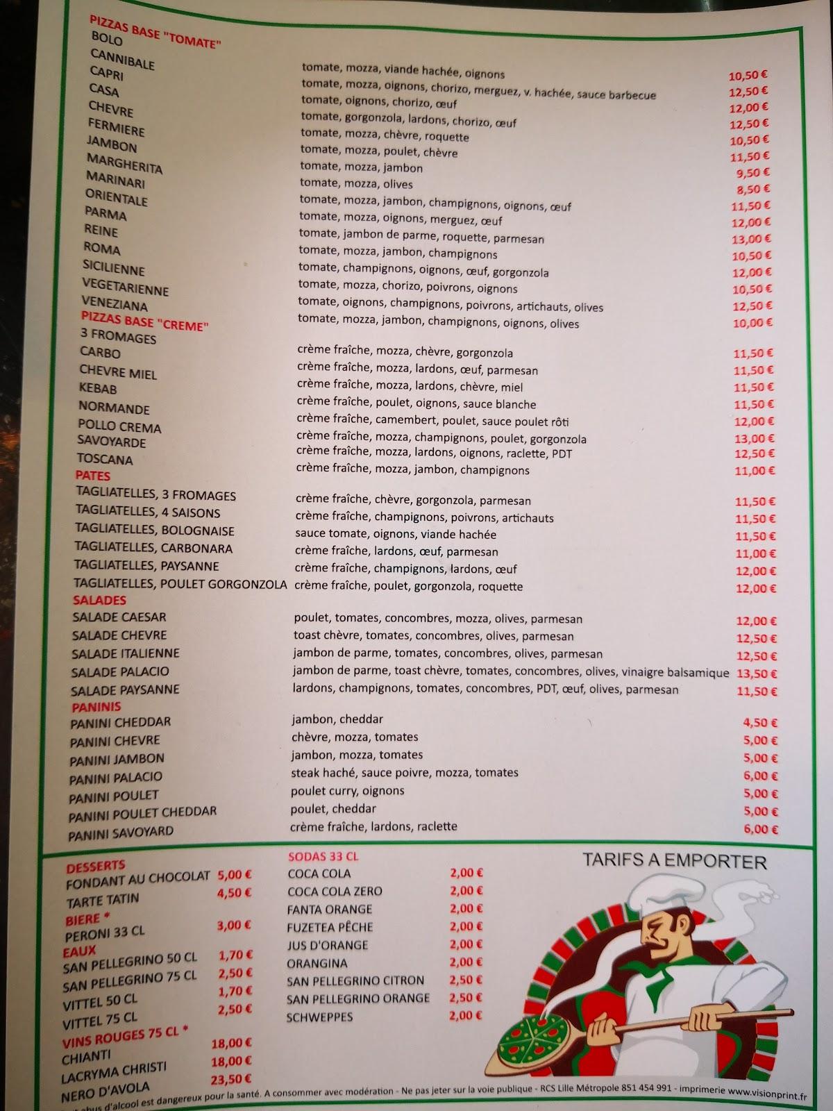Menu au Le Palacio restaurant, MarcqenBarœul
