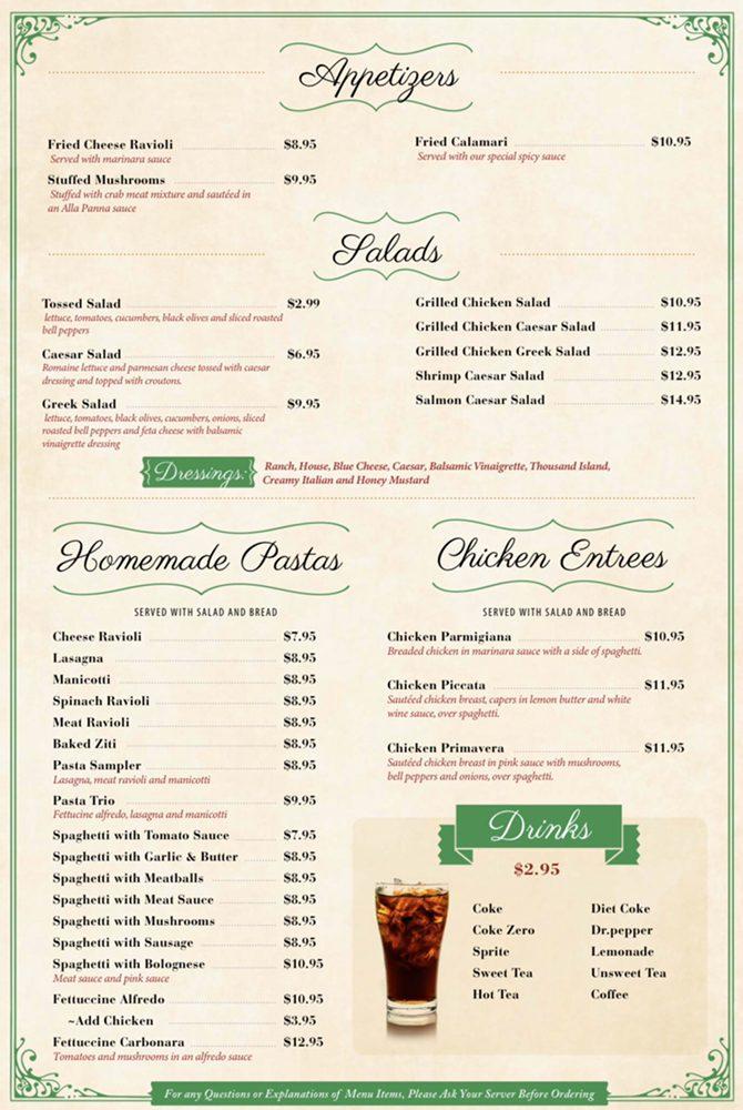 Menu at Pastafina desserts, Cave Springs, E Lowell Ave