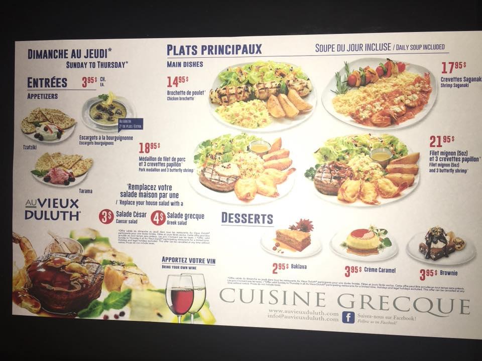 Menu au Au Vieux Duluth restaurant, Granby