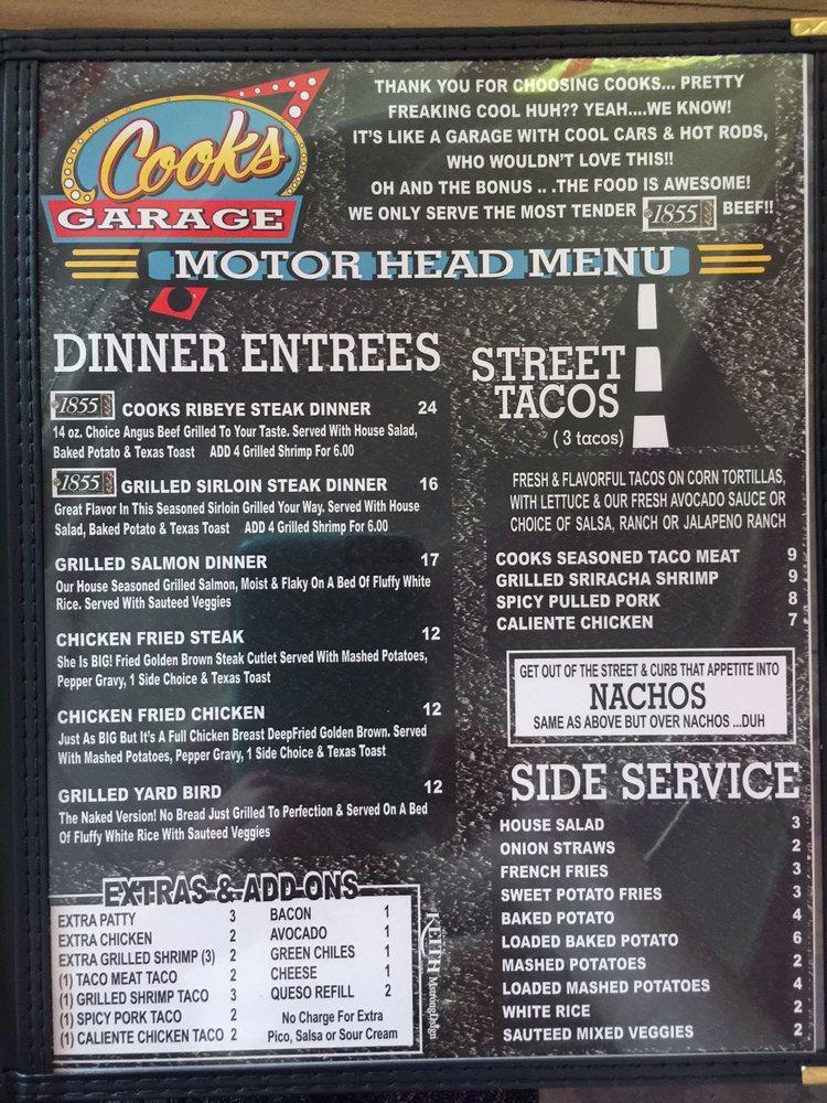Menu at Cooks Garage pub & bar, Lubbock