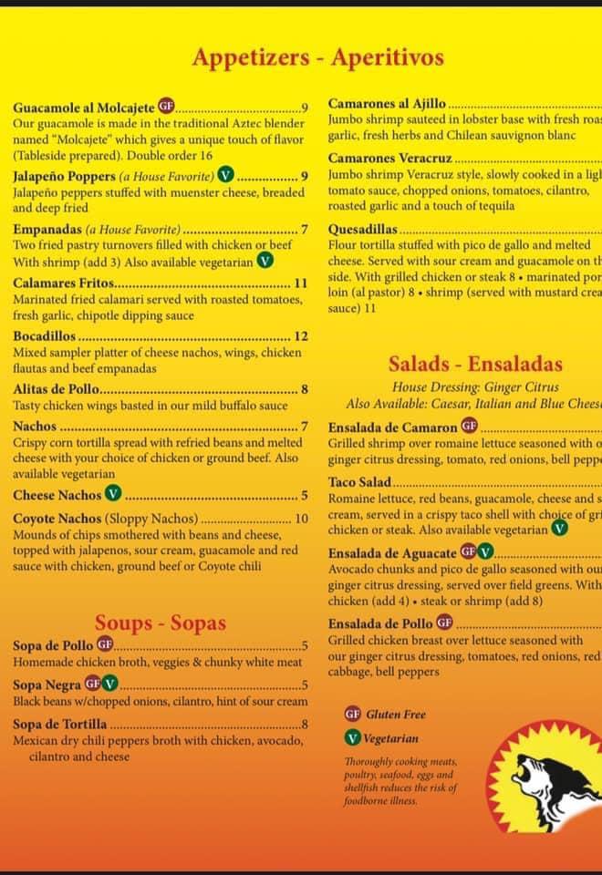 Menu at El Coyote restaurant, New Milford