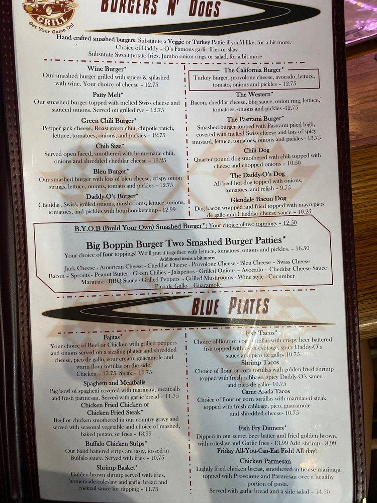Menu at DaddyO's Grill pub & bar, Phoenix, W Thunderbird Rd