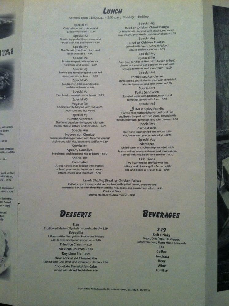 Menu at Margaritas Tex Mex restaurant, Moultrie